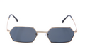 Hexagonal sunglasses with dark lenses and gold frame on a white background