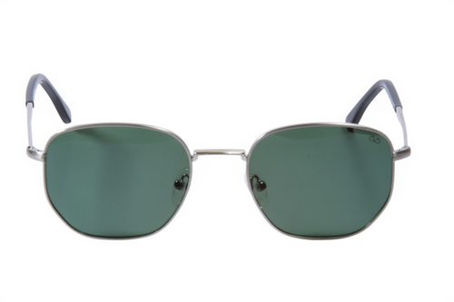Sunglasses with green lenses and silver frames on a white background