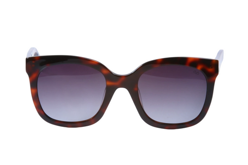 Sunglasses with tortoiseshell frame and dark lenses on a white background