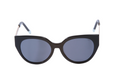 Black cat-eye sunglasses with blue-tinted lenses on a white background