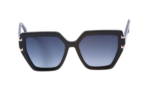 Sunglasses with black frame and blue gradient lenses on a white background