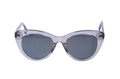 Cat-eye sunglasses with clear frame and dark lenses on a white background