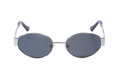 Sunglasses with silver frame and dark lenses on a white background